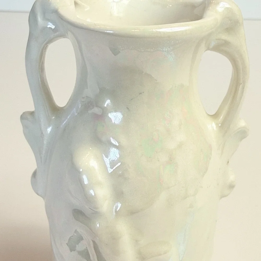 Vintage White Lusterware Cherub Mantle Vase Pair Mid Century Cherubs Set 2
